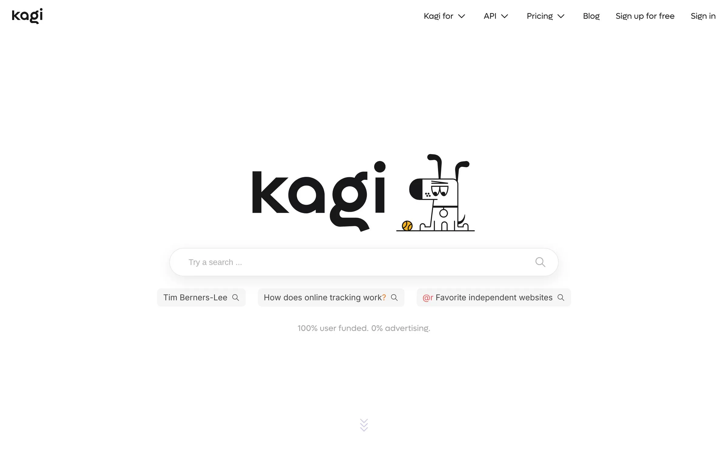 Kagi search homepage, home of an AI research assistant that uses web results, one of the best AI research assistants