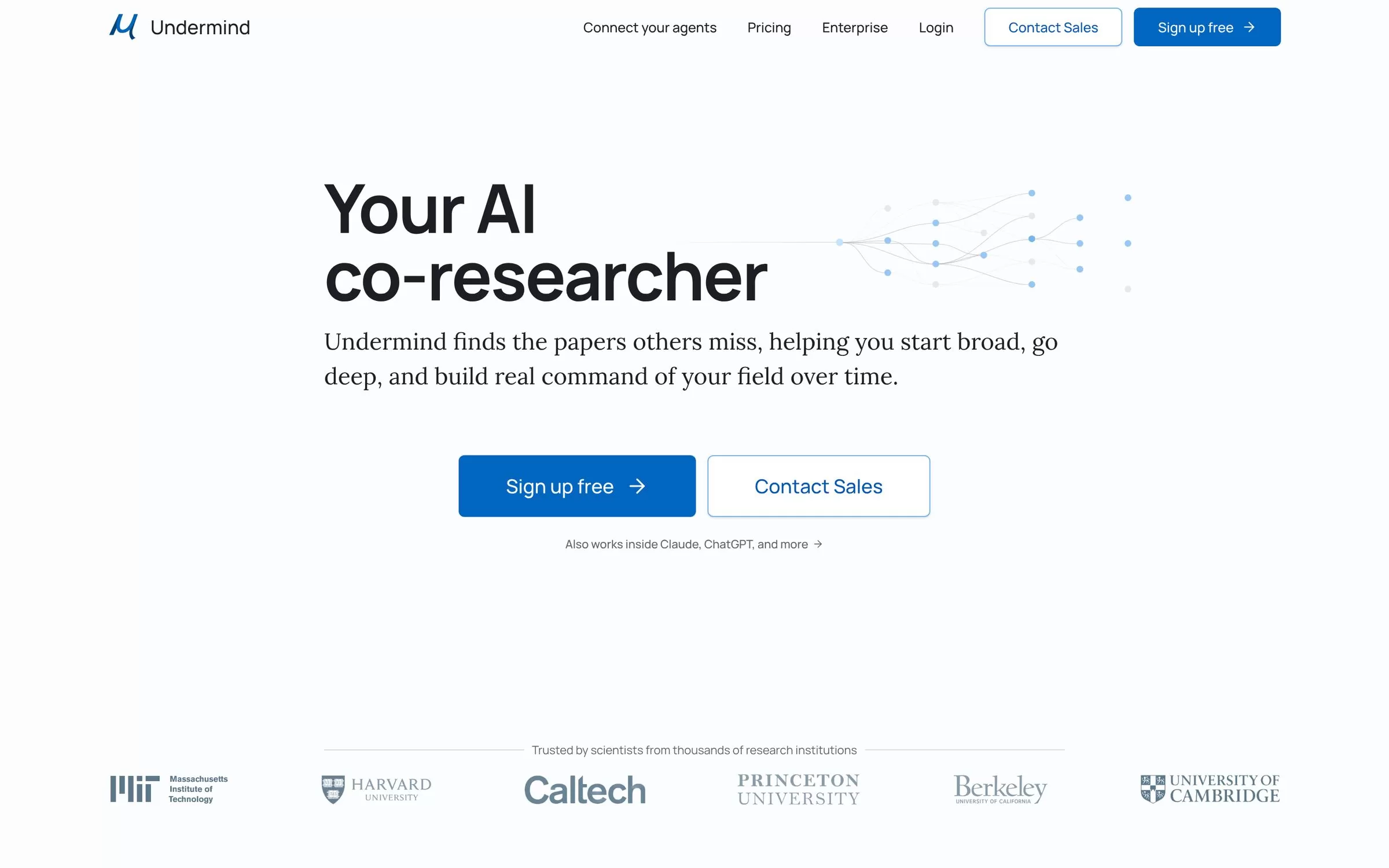 Undermind homepage calling itself your AI co-researcher, one of the AI research assistants for papers