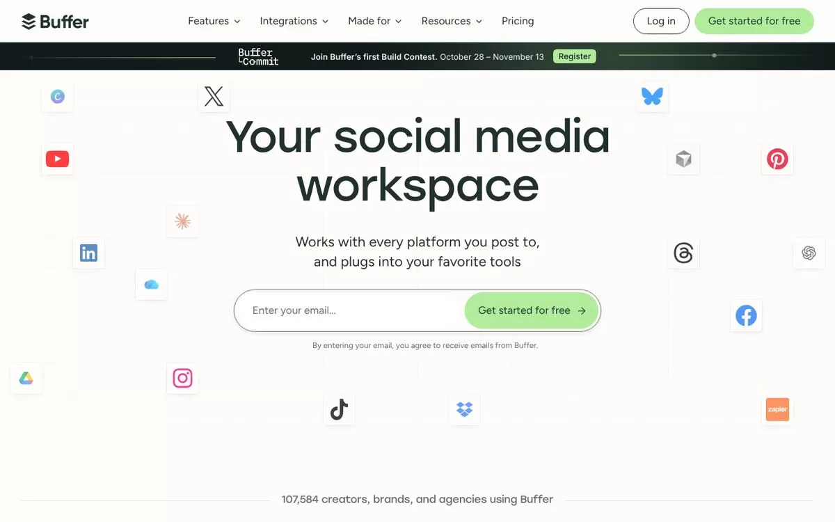 Buffer homepage showing a social media workspace, one of the best AI social media tools