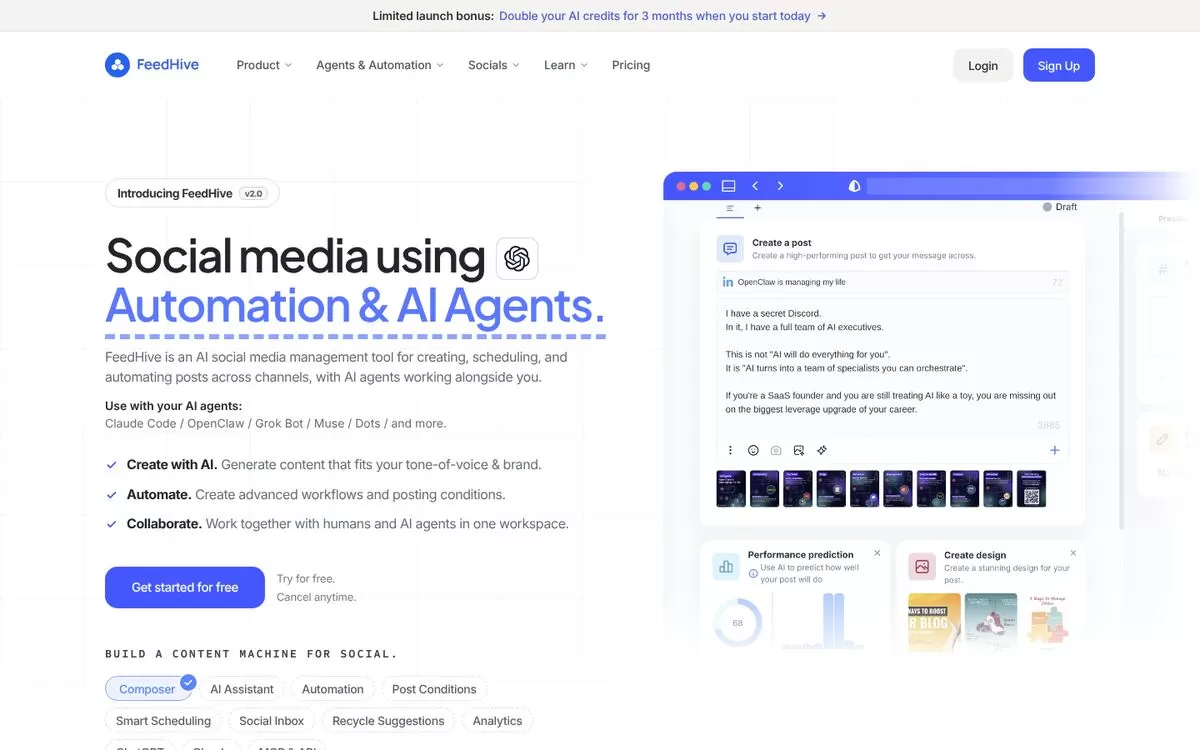 FeedHive homepage showing AI agents and post automation, one of the best AI social media tools