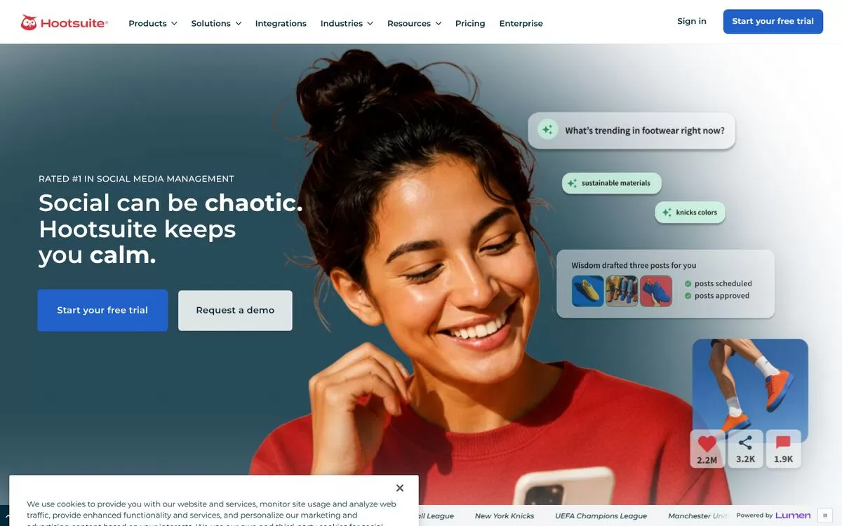 Hootsuite homepage showing AI-drafted post ideas, one of the best AI social media tools