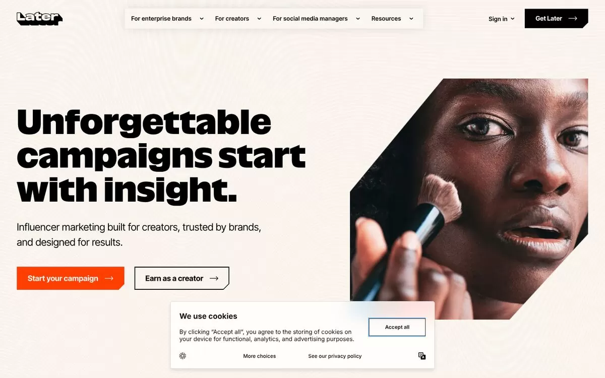 Later homepage about influencer campaigns, one of the best AI social media tools