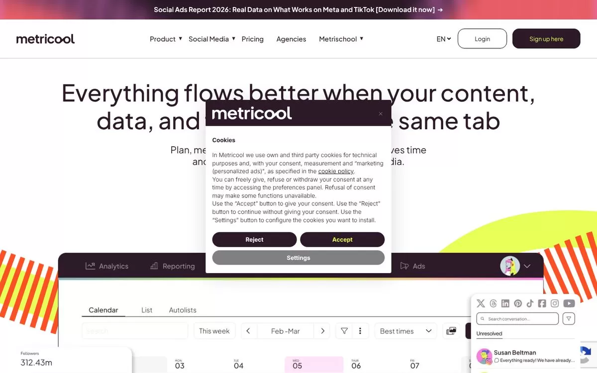 Metricool homepage showing a calendar and analytics dashboard, one of the best AI social media tools