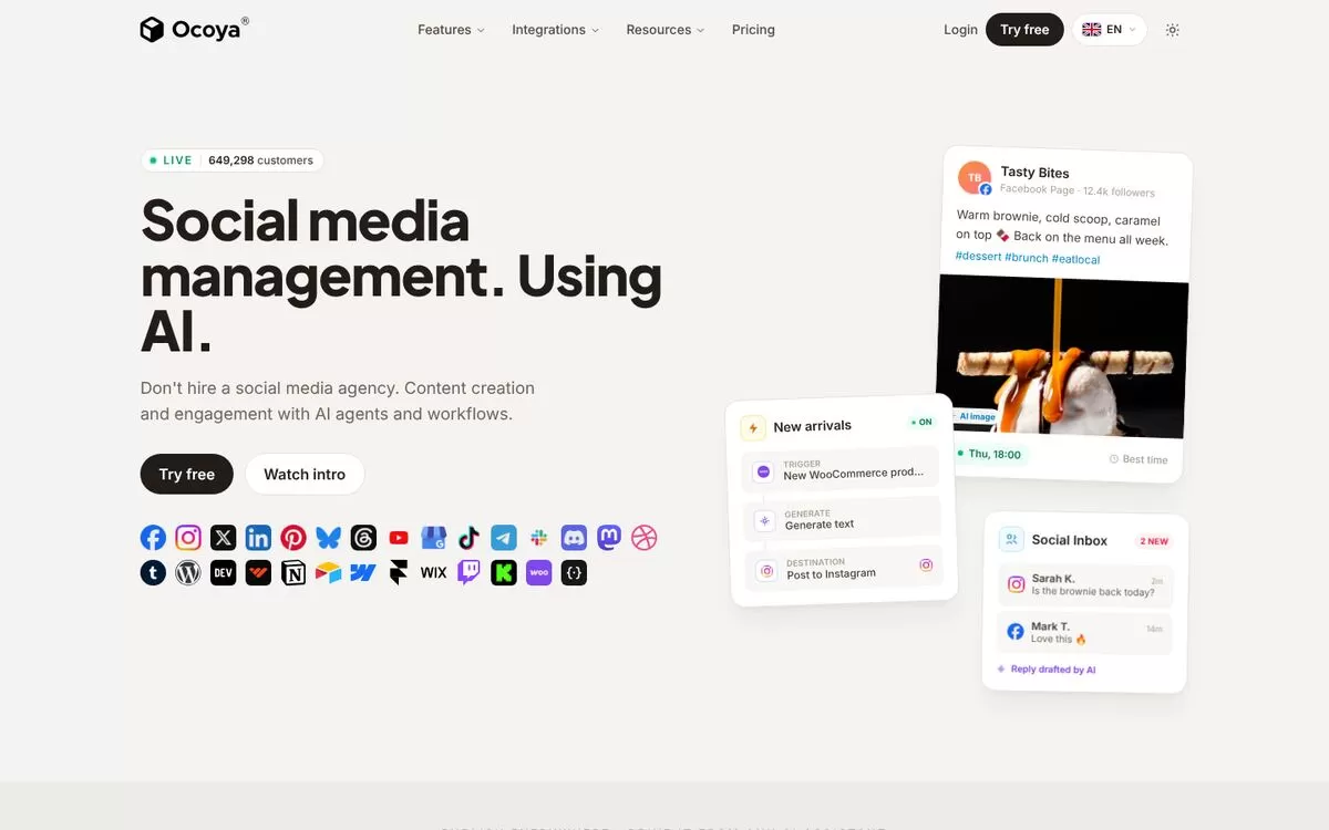 Ocoya homepage showing AI social media management, one of the best AI social media tools