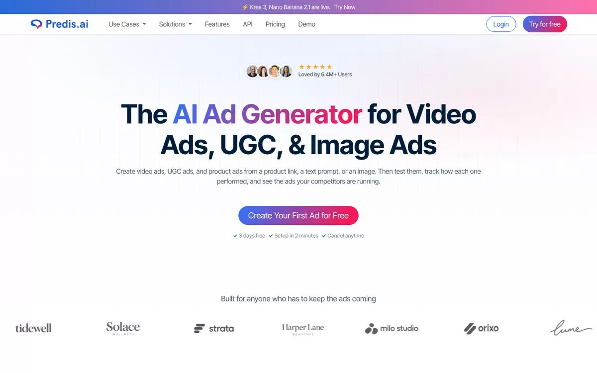 Predis.ai homepage showing an AI ad generator for video and image ads, one of the best AI social media tools