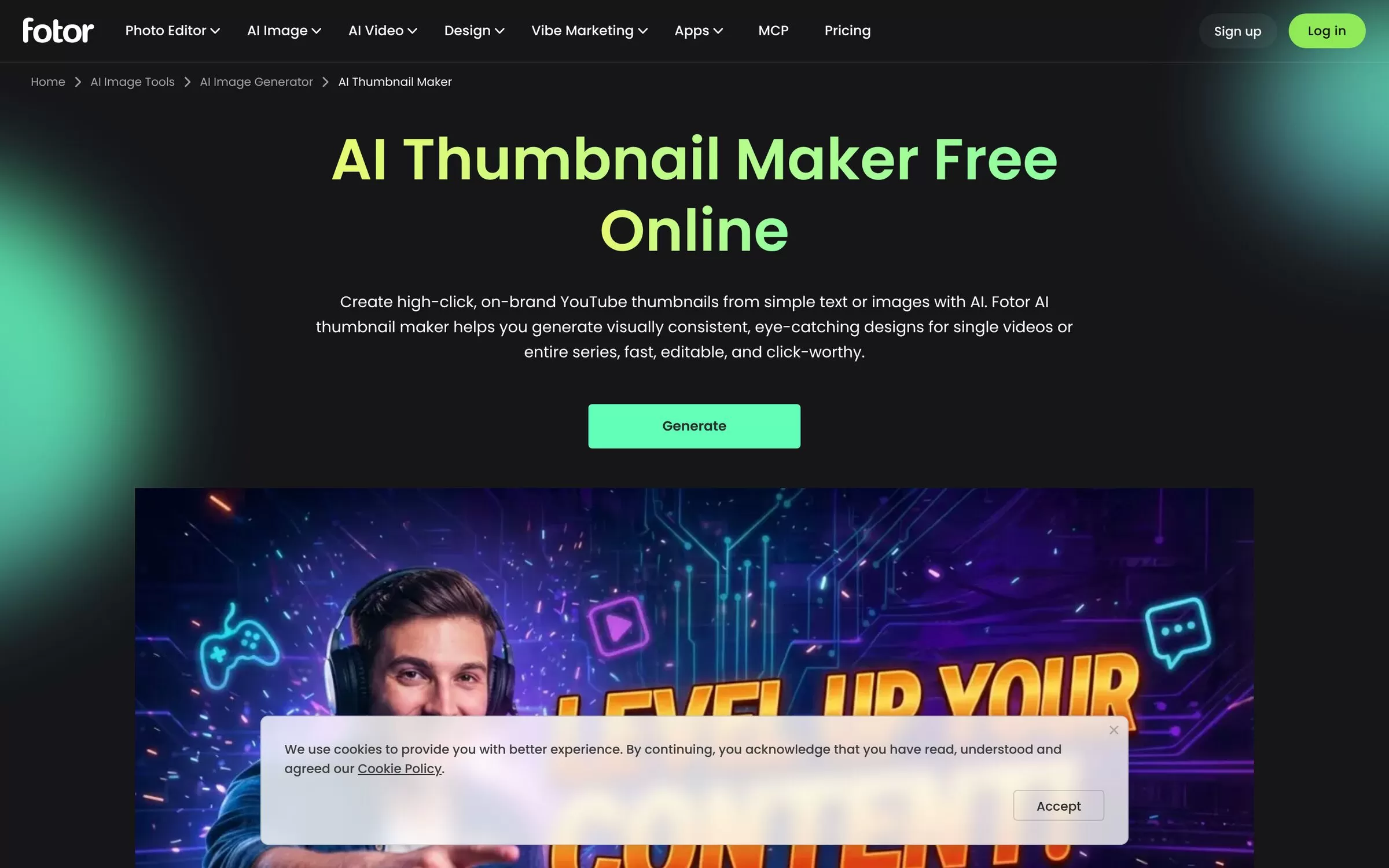 Fotor AI thumbnail maker page for YouTube thumbnails from text or images, one of the best AI thumbnail makers