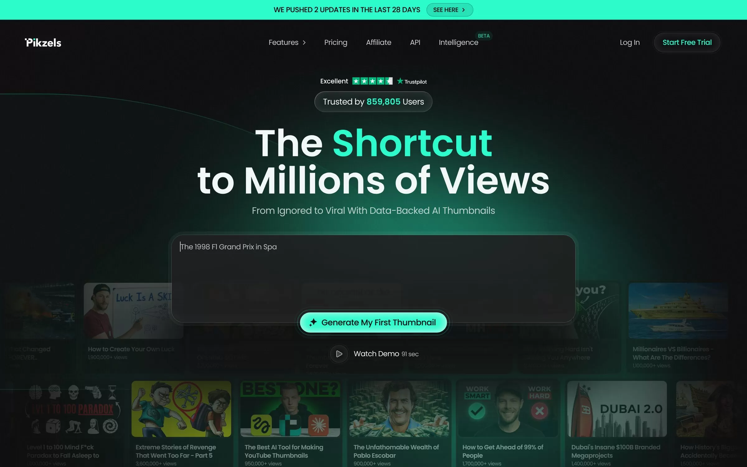 Pikzels homepage with a prompt box for generating AI YouTube thumbnails, one of the best AI thumbnail makers