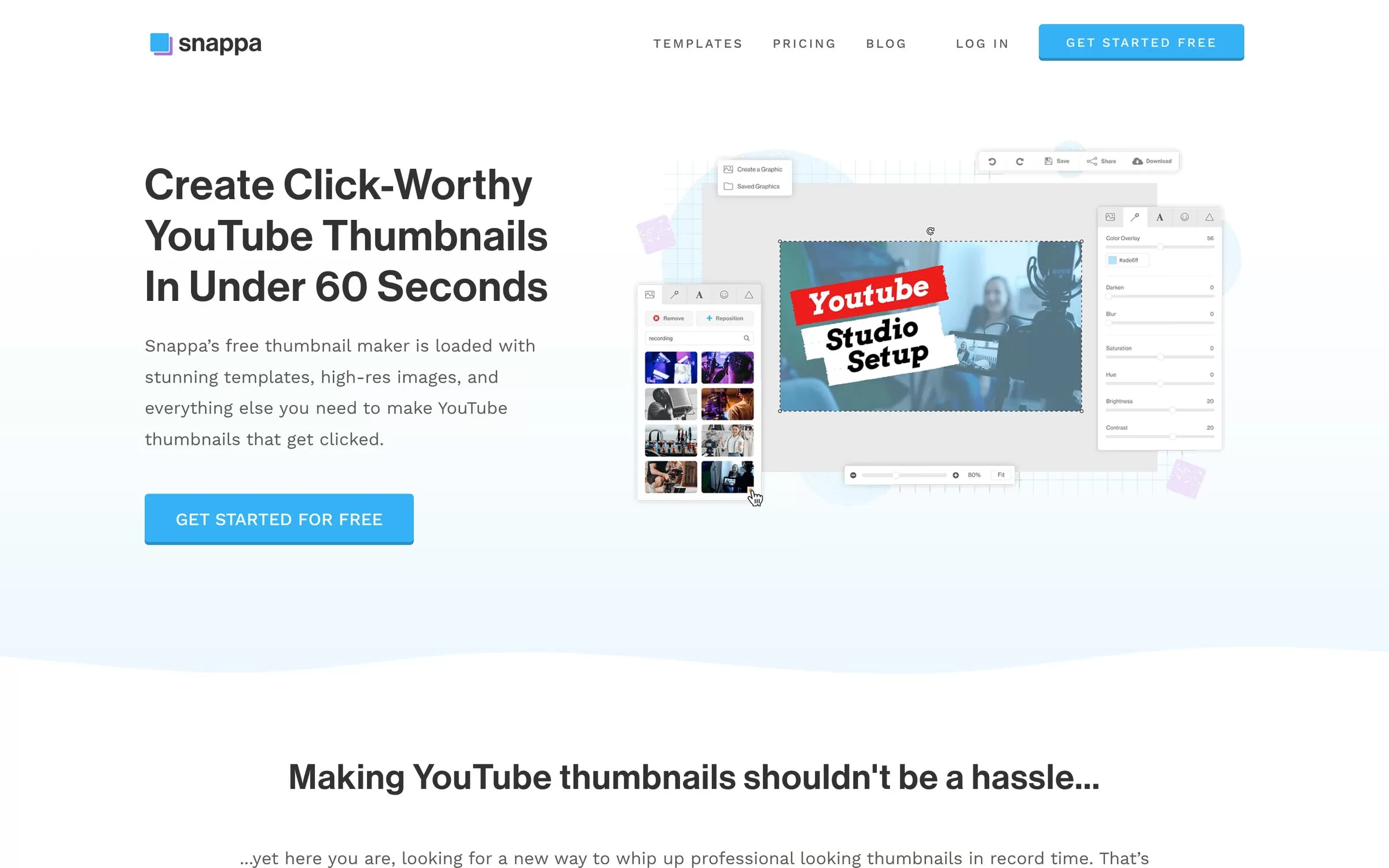 Snappa YouTube thumbnail maker page with templates, one of the best AI thumbnail makers to start free