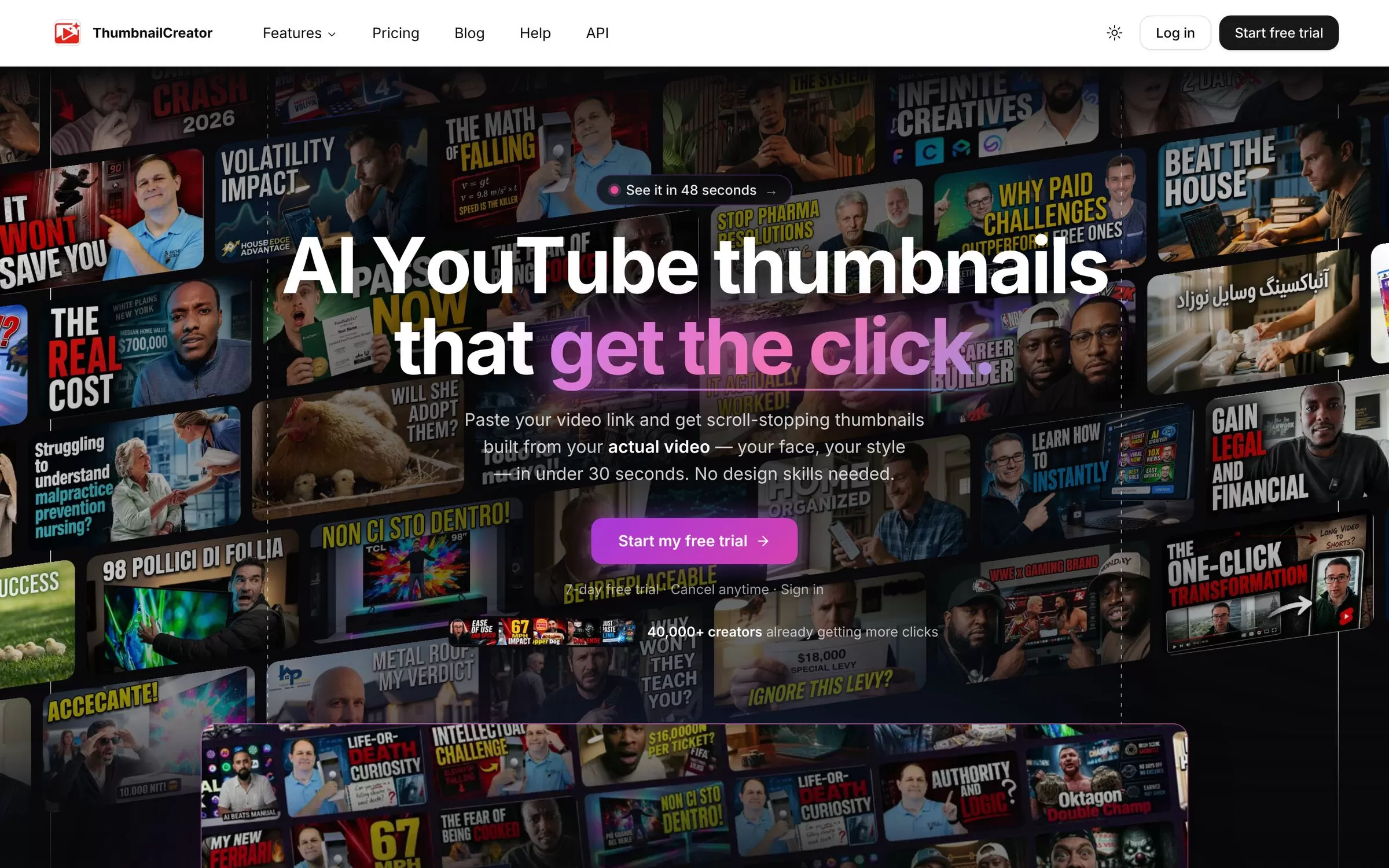 ThumbnailCreator homepage promising AI YouTube thumbnails from a video link, one of the best AI thumbnail makers