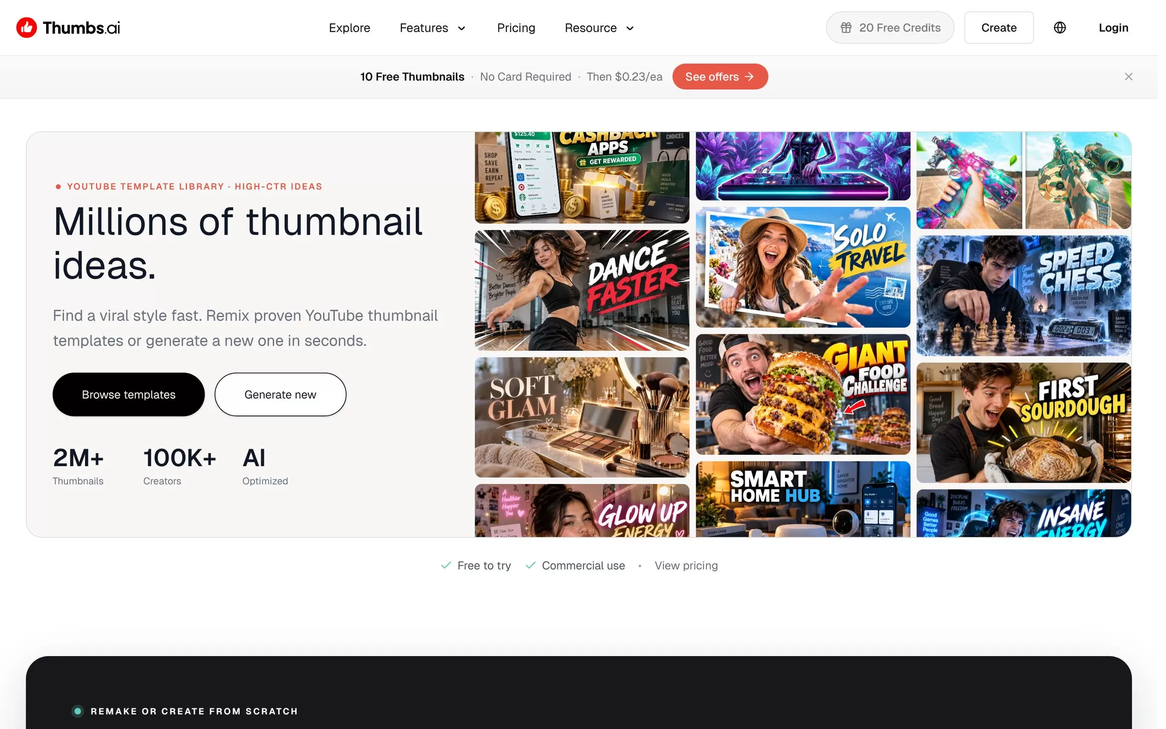 Thumbs.ai homepage showing a library of YouTube thumbnail ideas, one of the best AI thumbnail makers