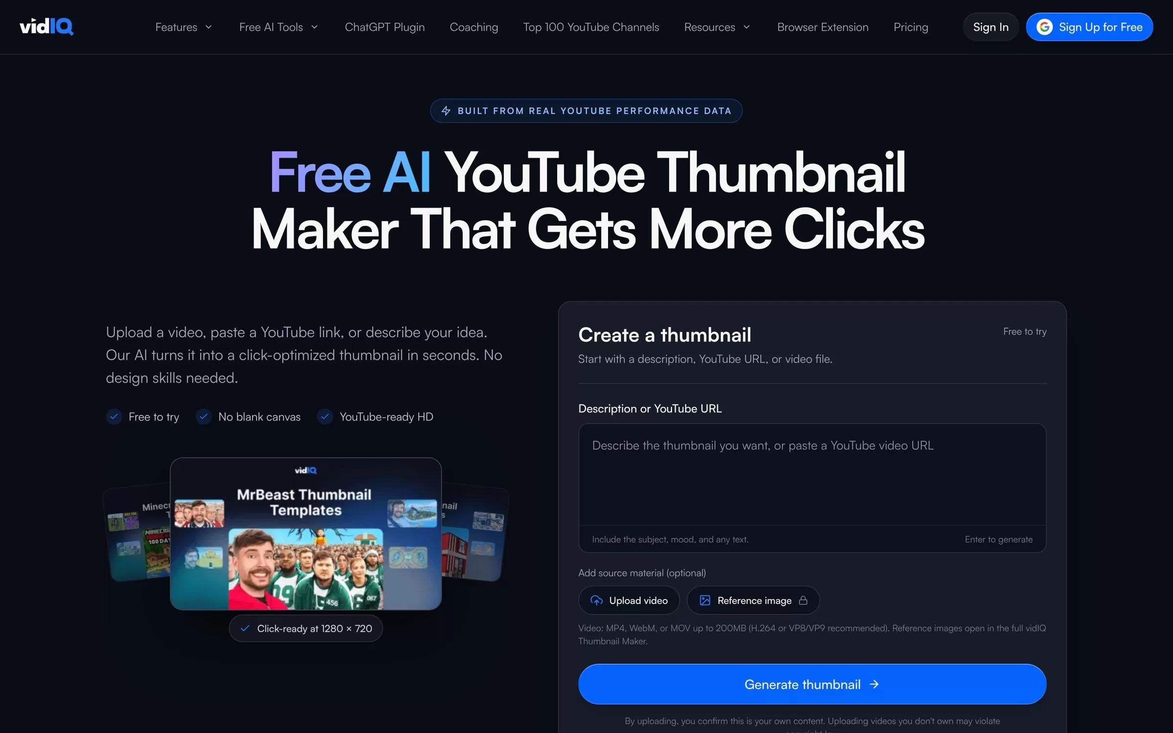 vidIQ AI YouTube thumbnail maker page, one of the best AI thumbnail makers for creators