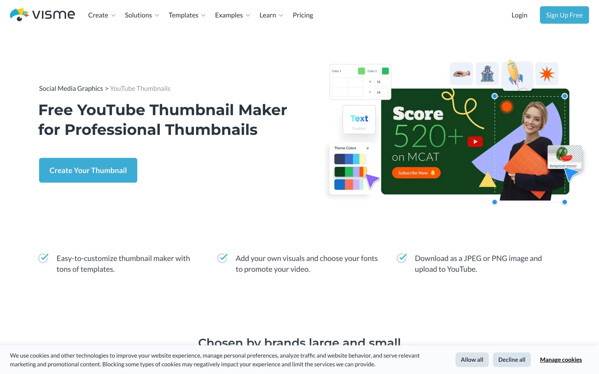 Visme YouTube thumbnail maker page with editable templates, one of the best AI thumbnail makers to start free