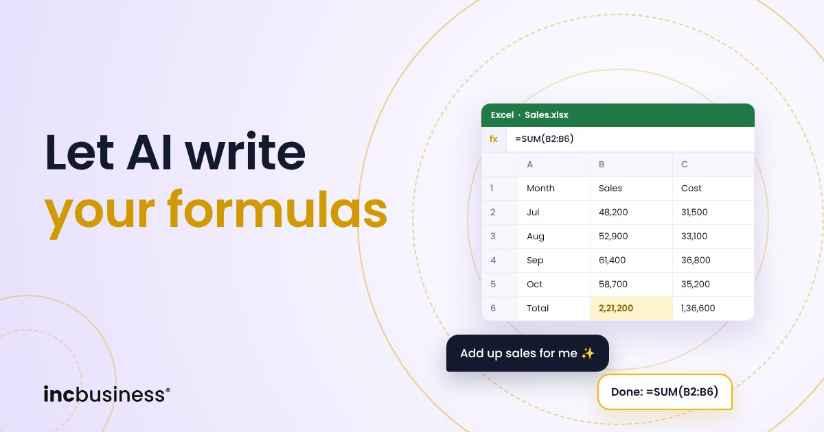 Spreadsheet with an AI chat bubble asking to add up sales, cover for the best AI tools for Excel
