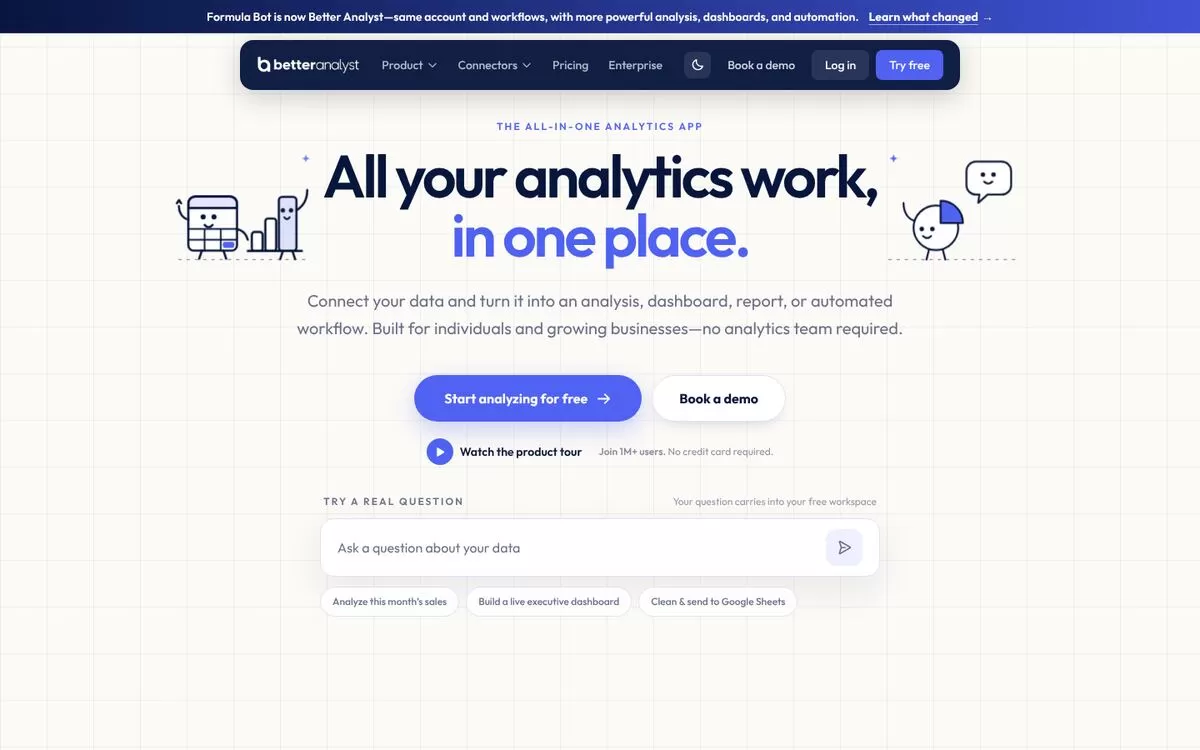 Better Analyst homepage, formerly Formula Bot, one of the AI tools for Excel formulas