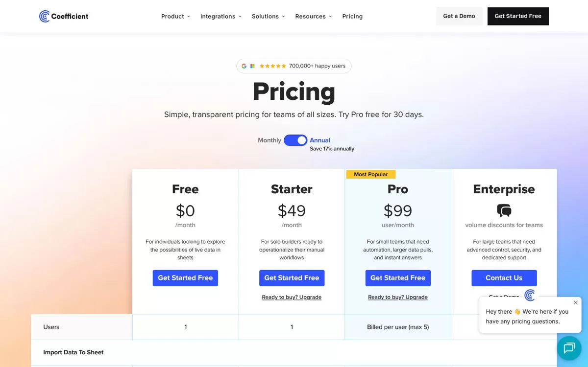 Coefficient pricing page, one of the AI tools for Excel that syncs live data