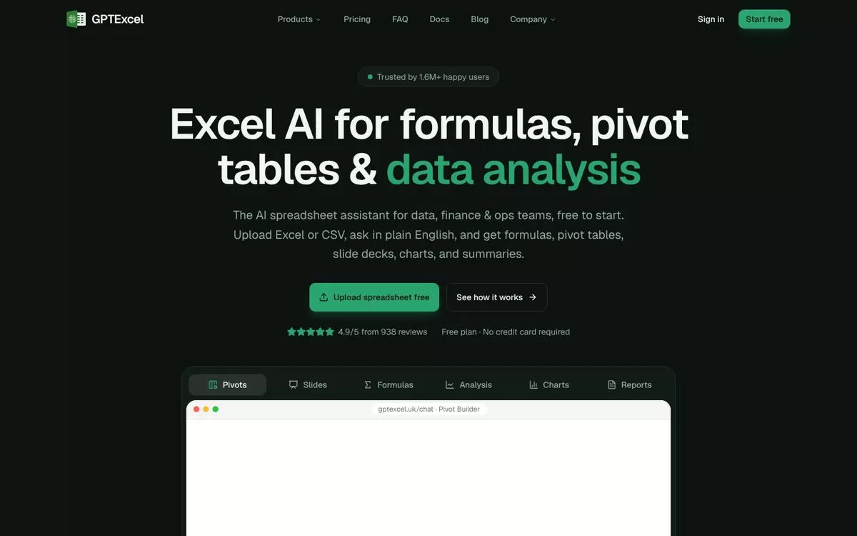 GPTExcel homepage, one of the best free AI tools for Excel formulas and pivot tables