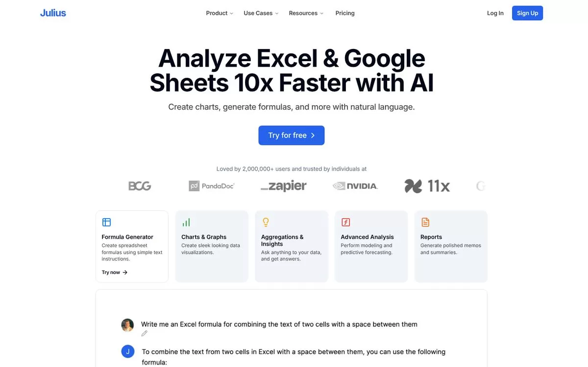 Julius AI Excel page showing chat-based data analysis, one of the AI tools for Excel data analysis