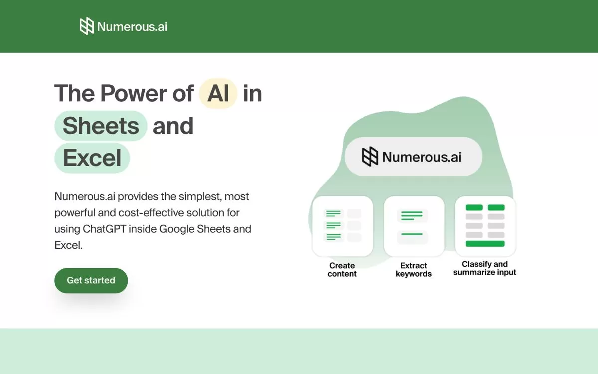 Numerous.ai homepage, one of the AI tools for Excel that adds an AI function to cells