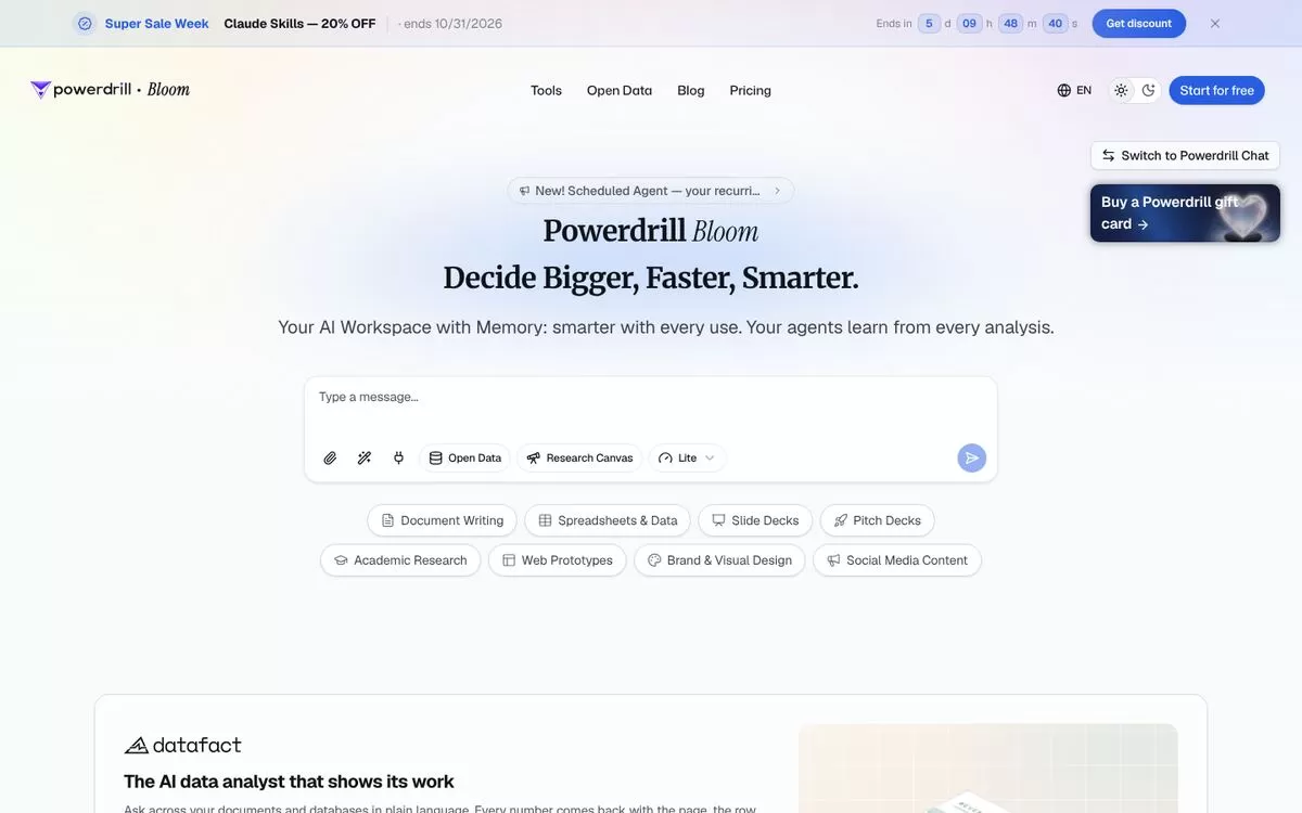 Powerdrill homepage, one of the AI tools for Excel data analysis