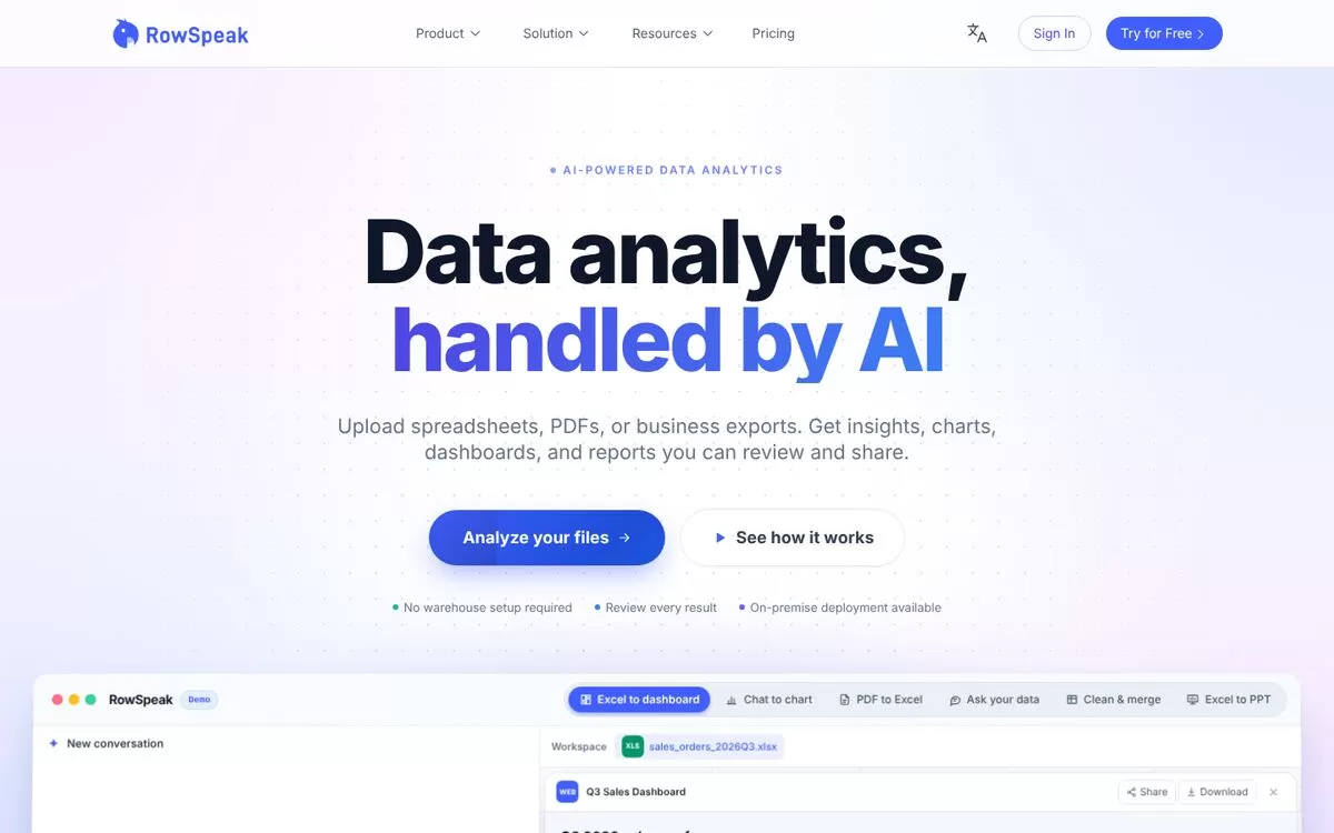 RowSpeak homepage for turning Excel files into dashboards, one of the AI tools for Excel dashboards
