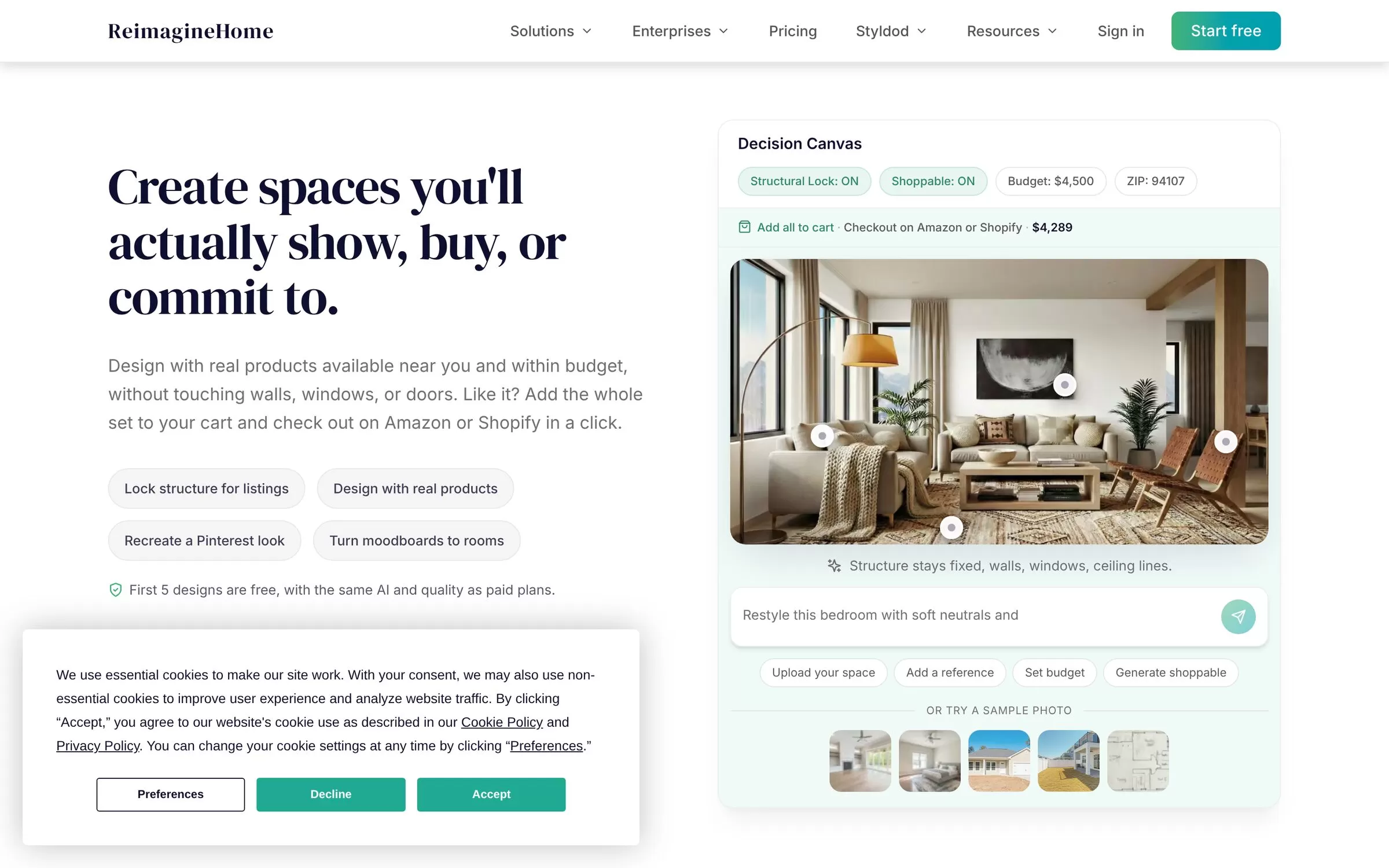 REimagineHome homepage showing listing photo enhancement, an AI tool for real estate agents, one of the best AI tools for real estate