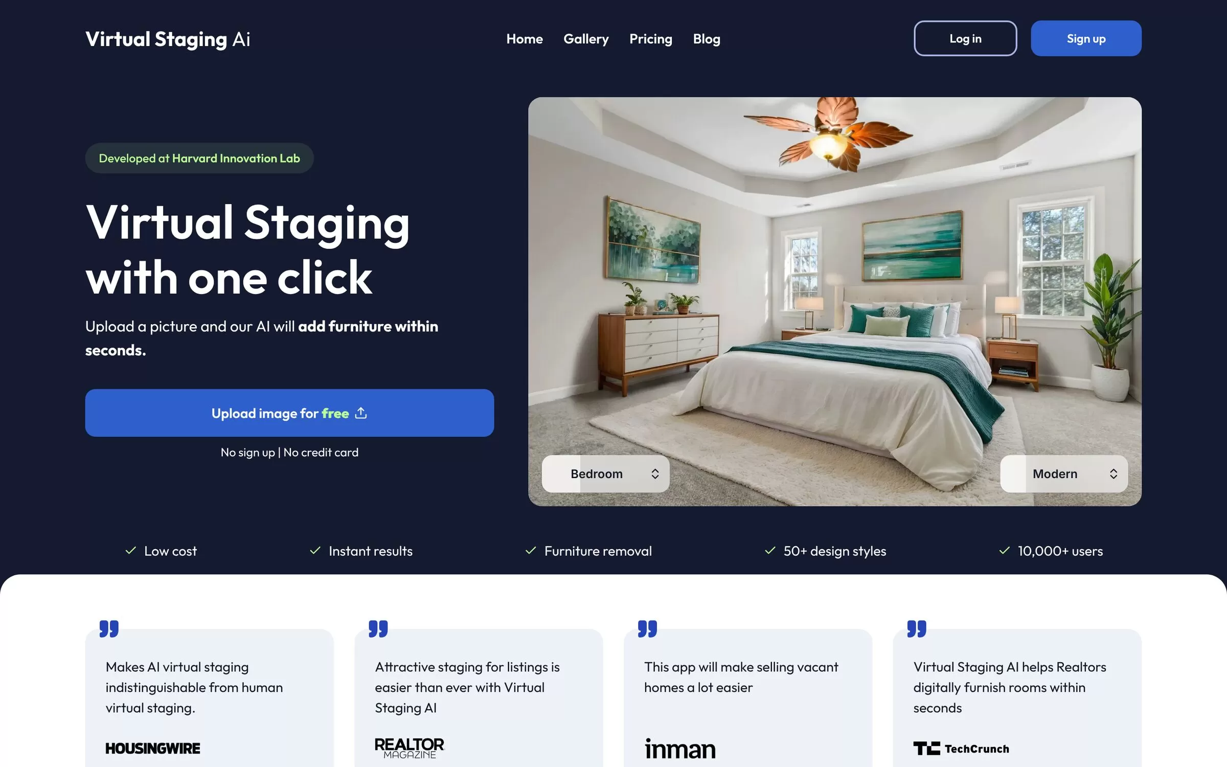 Virtual Staging AI homepage showing a room photo being furnished, one of the AI tools for real estate
