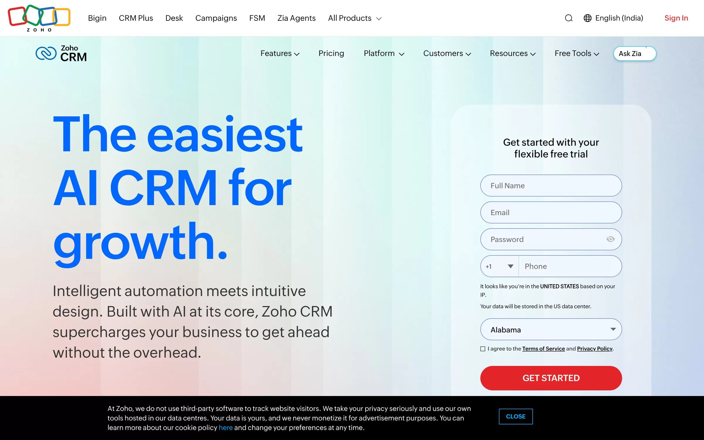 Zoho CRM India homepage, an AI tool for real estate lead tracking, one of the best AI tools for real estate