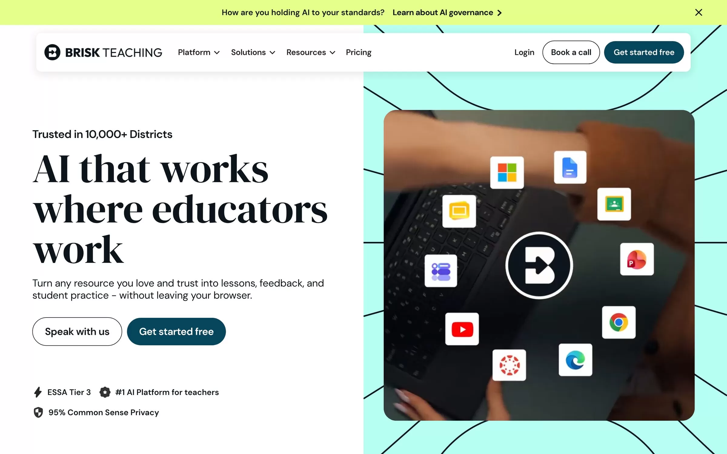 Brisk Teaching homepage showing its browser extension, an AI tool for teachers, one of the best AI tools for teachers