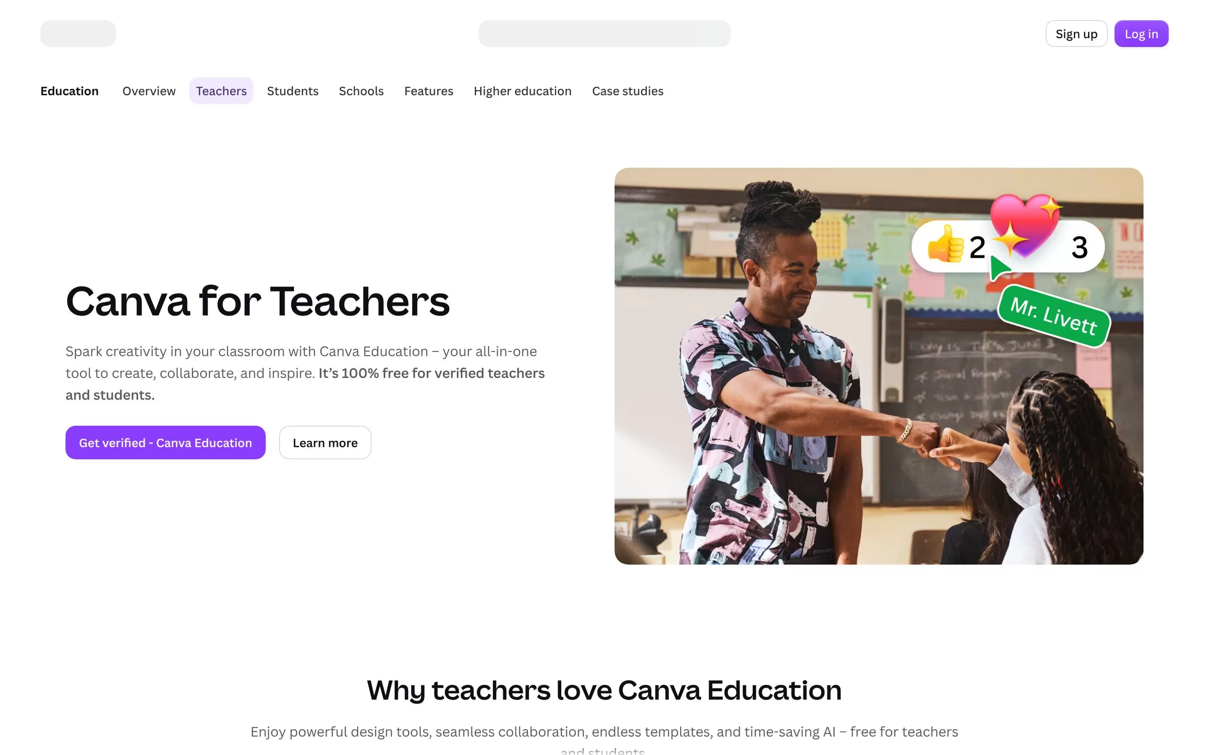 Canva for Teachers page saying it is free for verified teachers, an AI tool for teachers who design materials, one of the best AI tools for teachers
