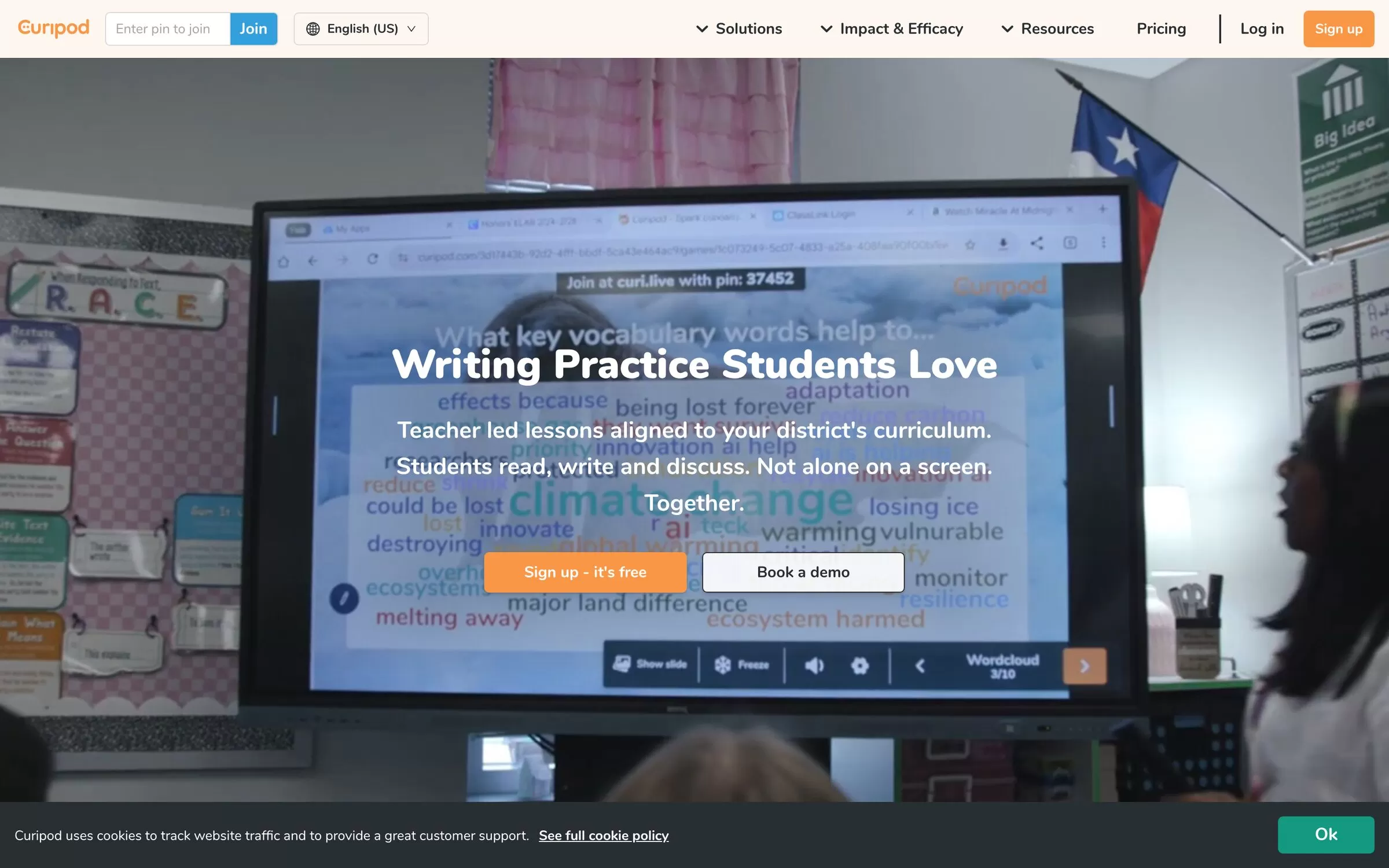 Curipod homepage promoting writing practice, an AI tool for teachers running live lessons, one of the best AI tools for teachers