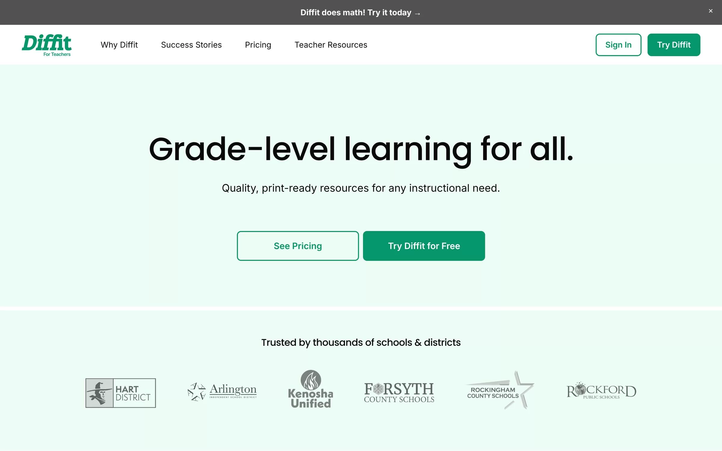 Diffit homepage with the Try Diffit for Free button, an AI tool for teachers who level reading material, one of the best AI tools for teachers