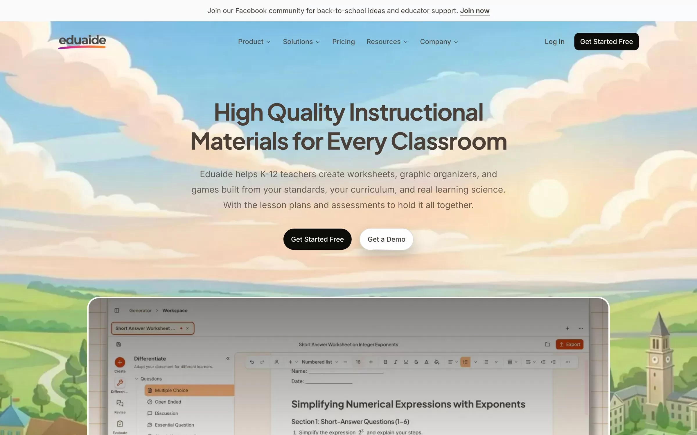 Eduaide homepage with a worksheet editor, an AI tool for teachers who make worksheets, one of the best AI tools for teachers