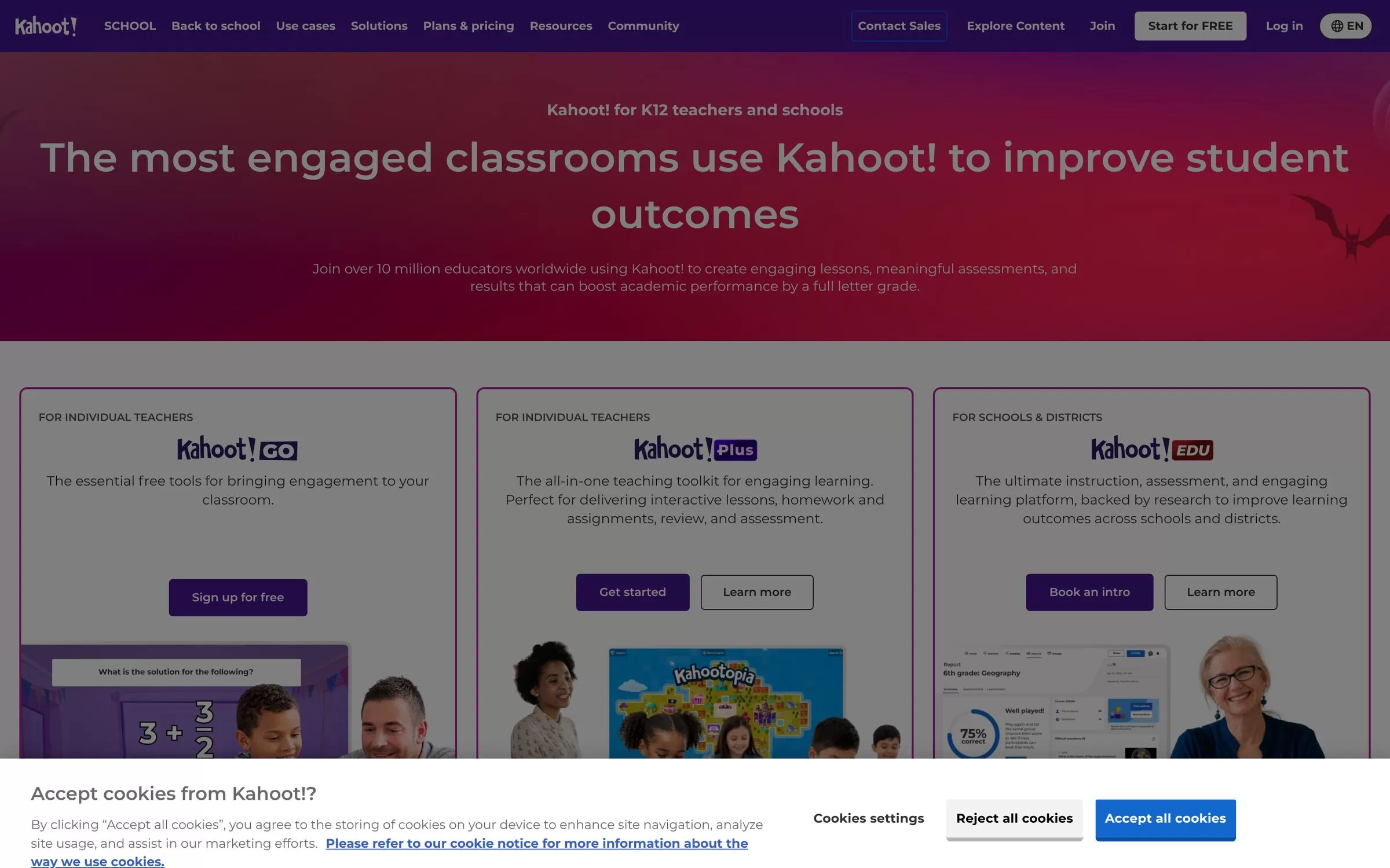 Kahoot! page for K12 teachers listing the free Kahoot! Go plan, an AI tool for teachers making quizzes, one of the best AI tools for teachers