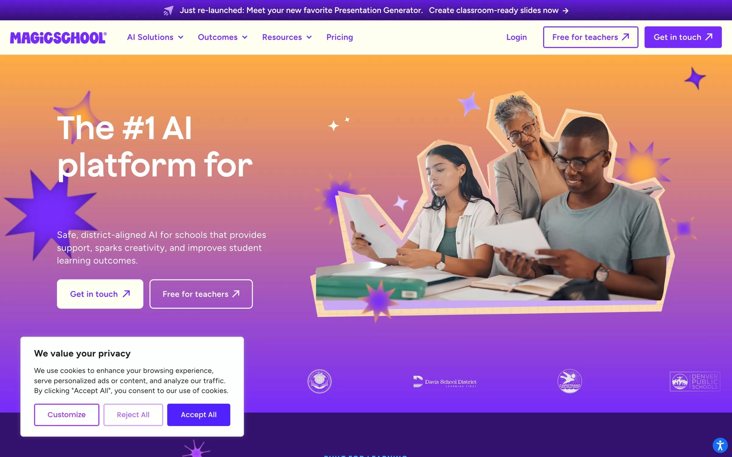 MagicSchool homepage with the Free for teachers button, one of the best AI tools for teachers
