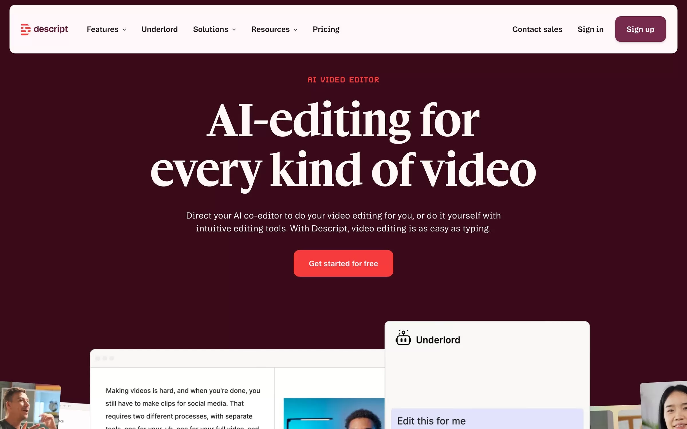Descript homepage, one of the best AI tools for YouTubers