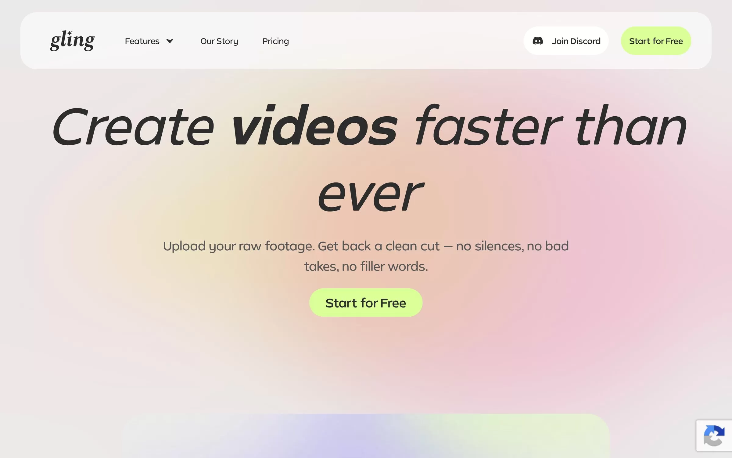 Gling homepage, one of the best AI tools for YouTubers