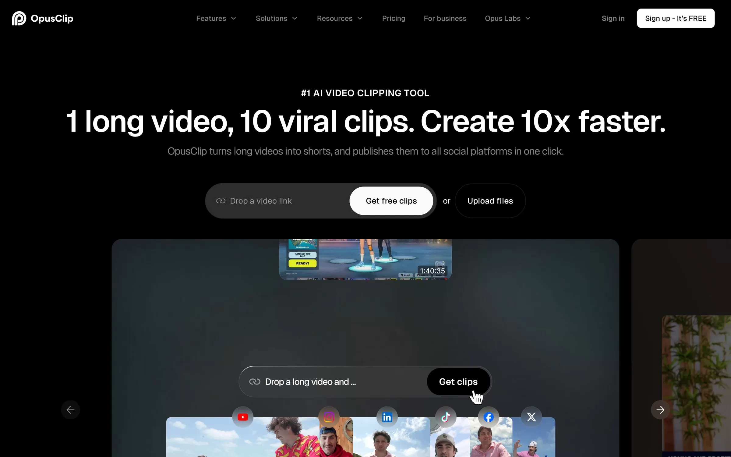 Opus Clip homepage, one of the best AI tools for YouTubers