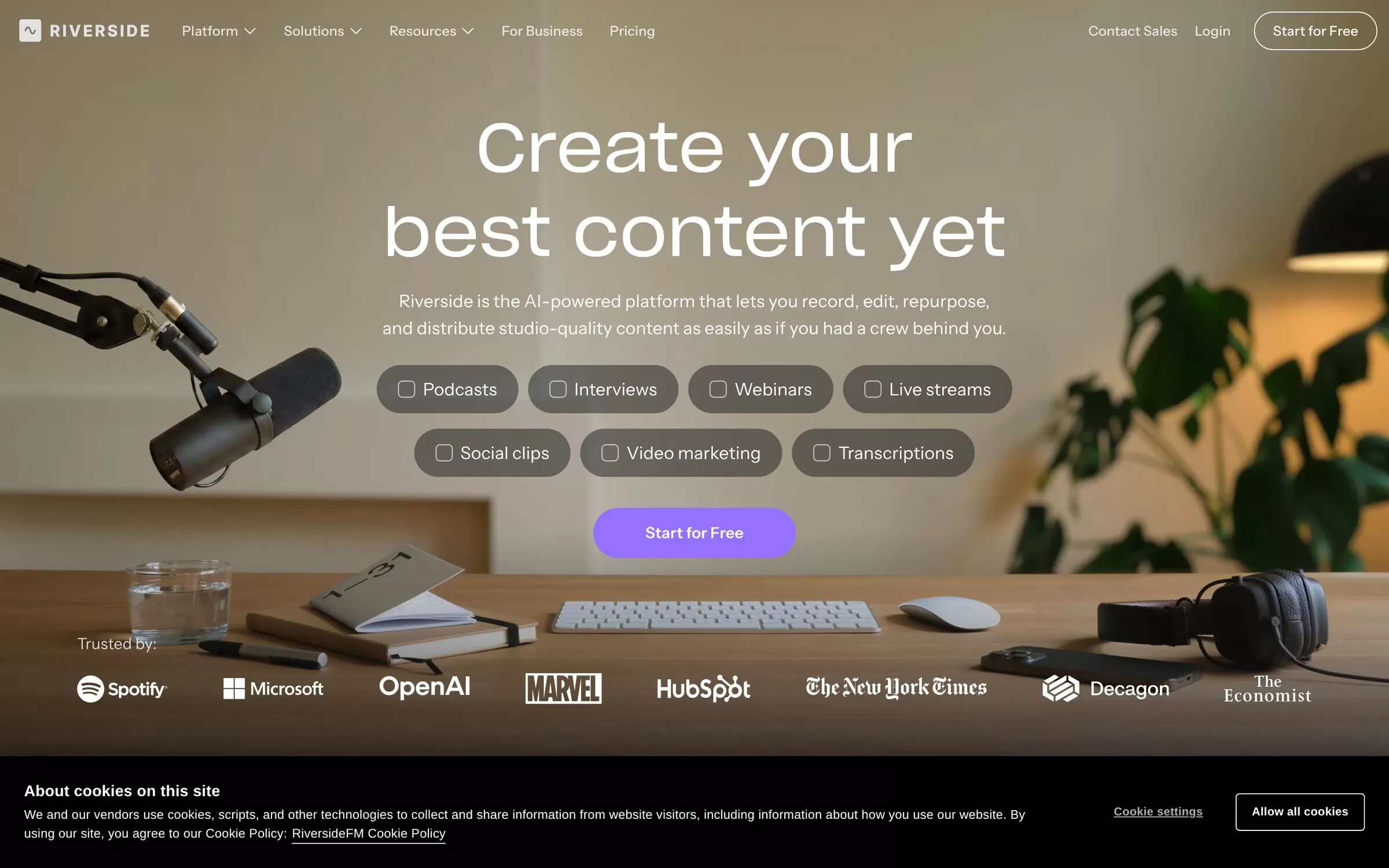 Riverside homepage, one of the best AI tools for YouTubers