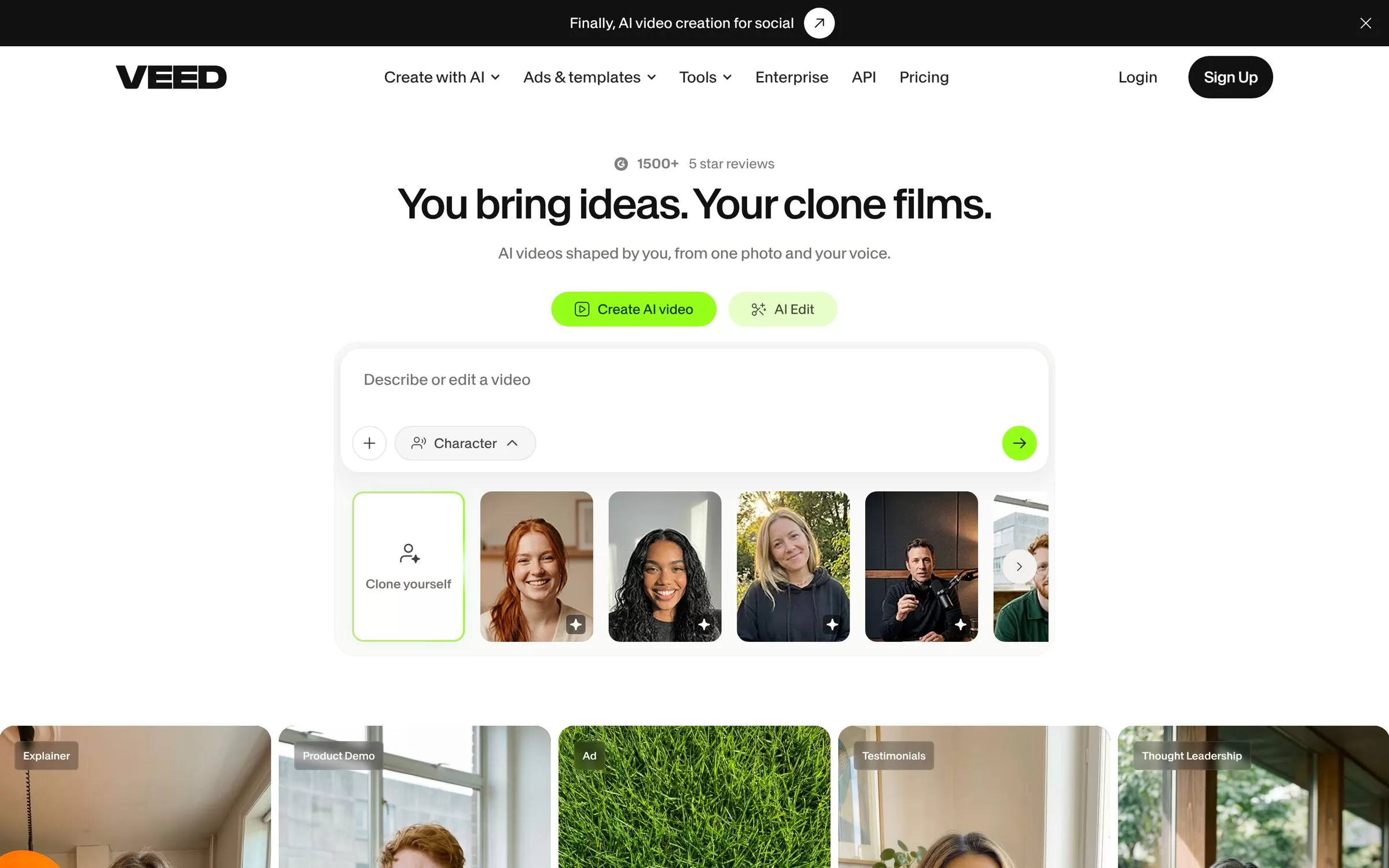 VEED homepage, one of the best AI tools for YouTubers
