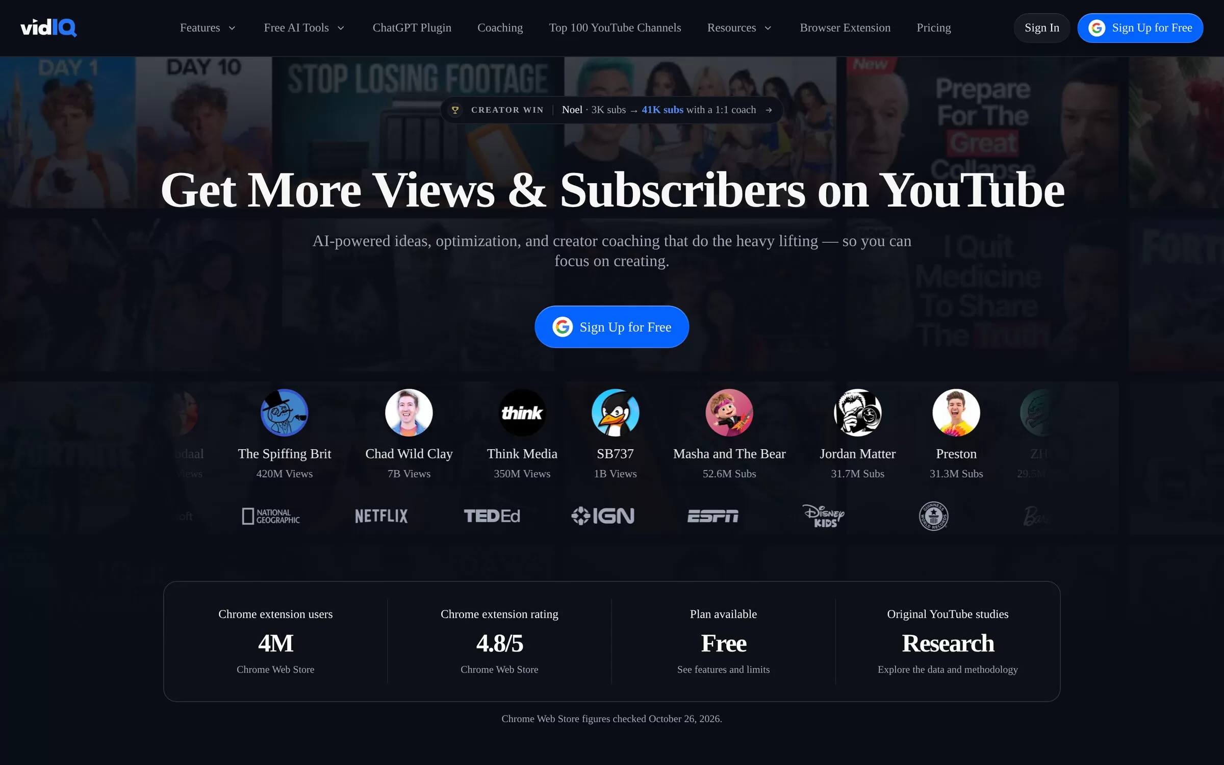 vidIQ homepage, one of the best AI tools for YouTubers