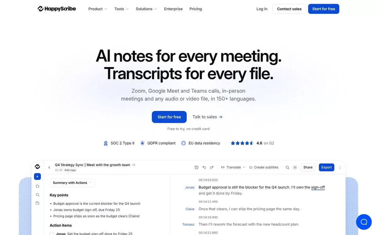 Happy Scribe homepage showing AI notes and transcripts, one of the best AI transcription tools