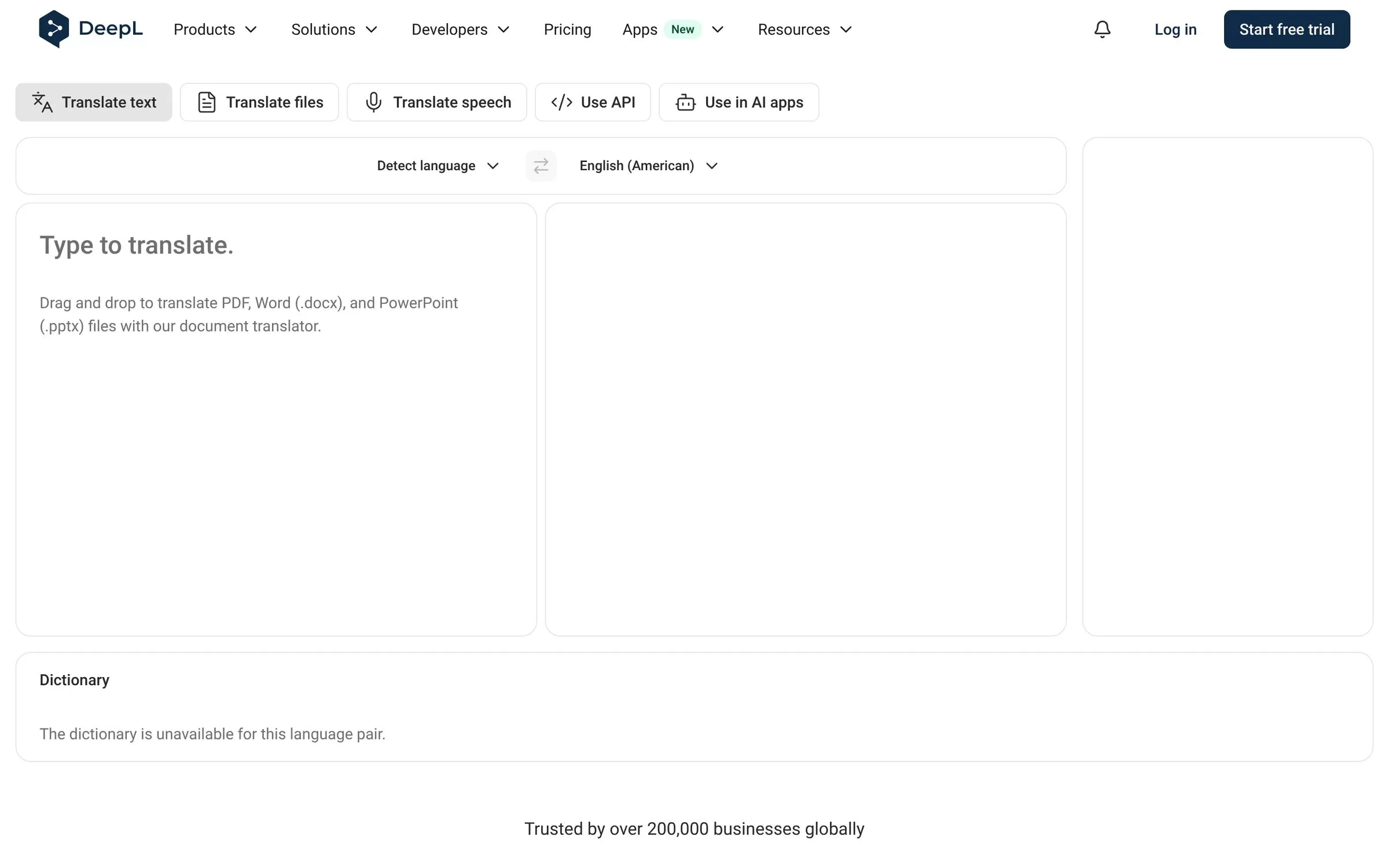 DeepL translator homepage with text, files and speech translation tabs, one of the best AI translation tools