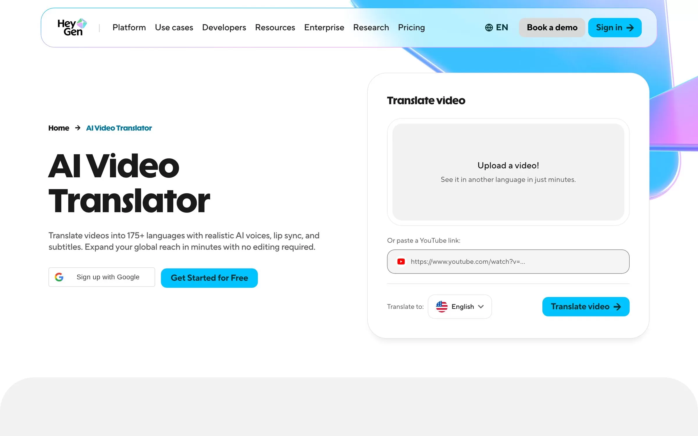 HeyGen AI video translator page, a video option among AI translation tools