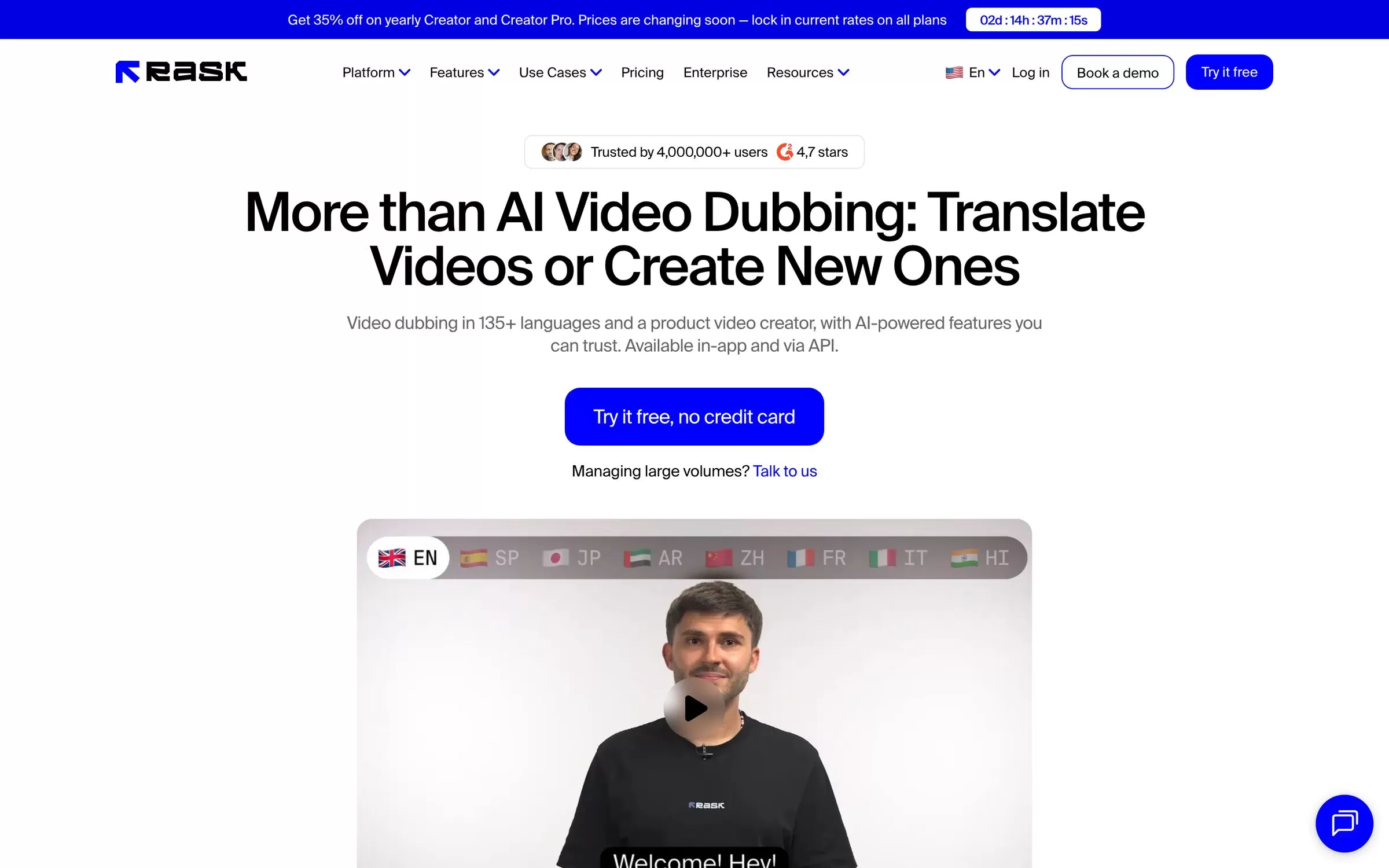 Rask AI homepage showing AI video dubbing in 135+ languages, one of the best AI translation tools