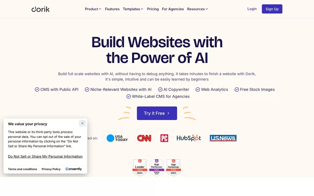Dorik homepage for building websites with AI, one of the best AI website builders with lifetime plans