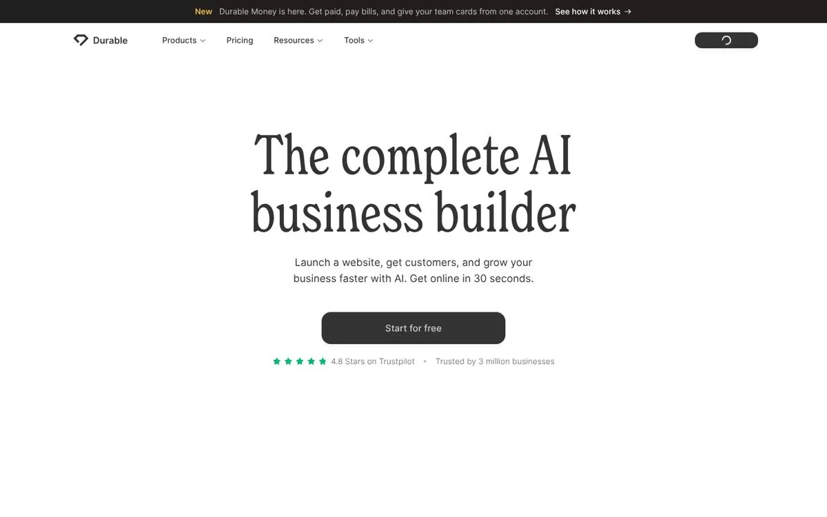 Durable homepage promising a site in 30 seconds, one of the best AI website builders for quick launches