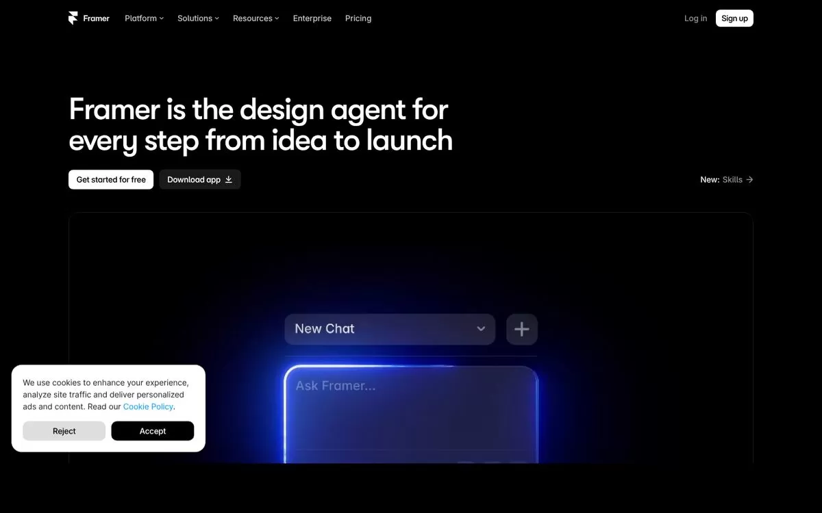 Framer homepage showing its AI design agent, one of the best AI website builders for designers