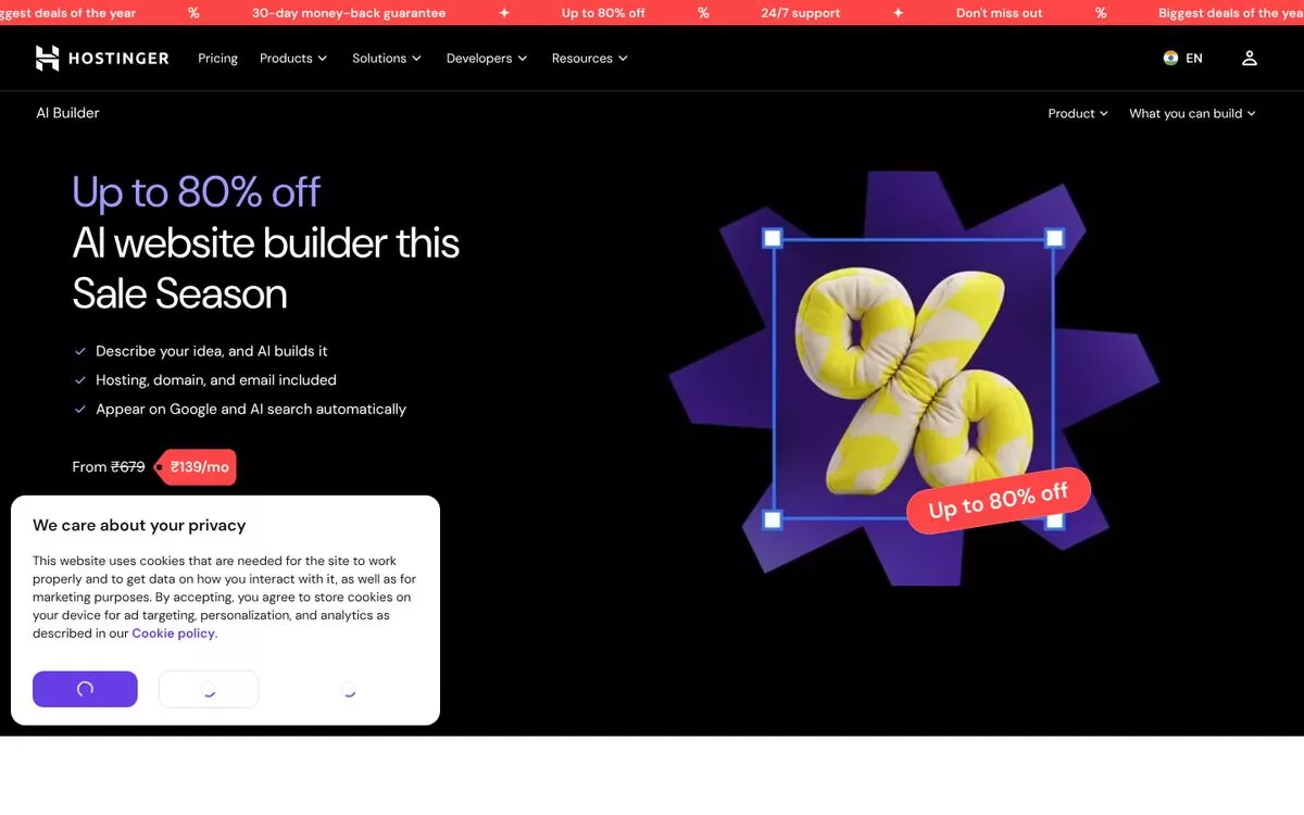 Hostinger AI Builder page with rupee pricing, one of the best AI website builders for India