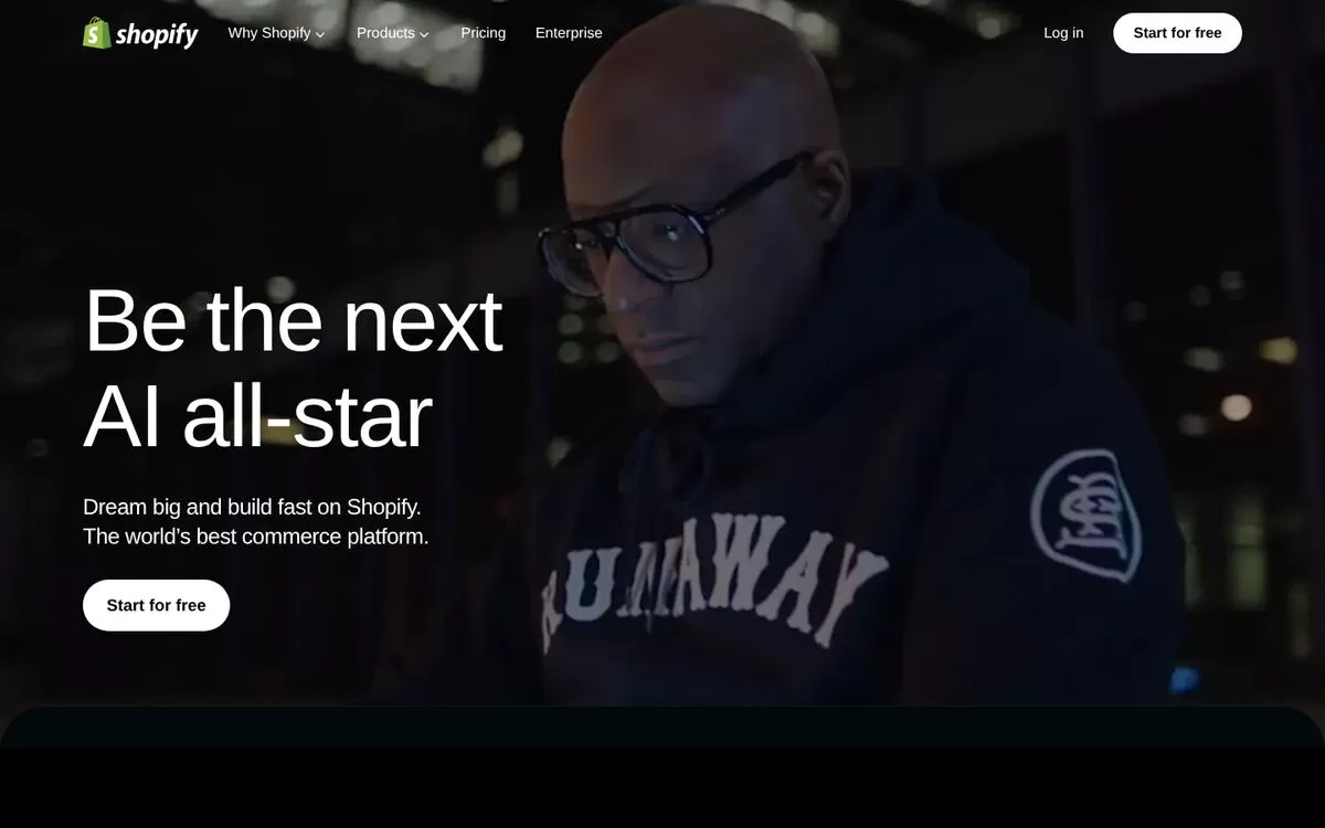 Shopify homepage for building an online store with AI help, one of the best AI website builders for selling