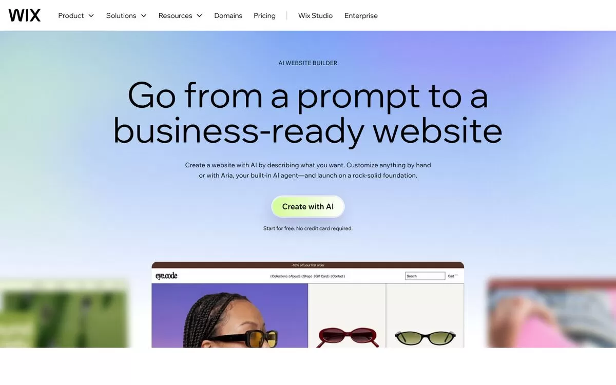 Wix homepage showing its AI website builder that turns a prompt into a site, one of the best AI website builders